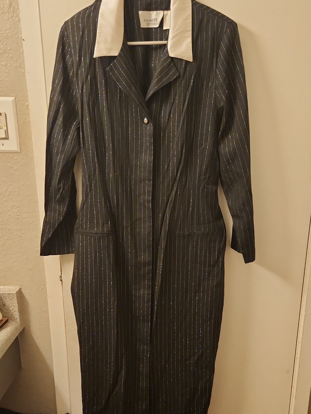 Halmode Petite Black Pinstripe Long Dress with White Collar Accent Size 14